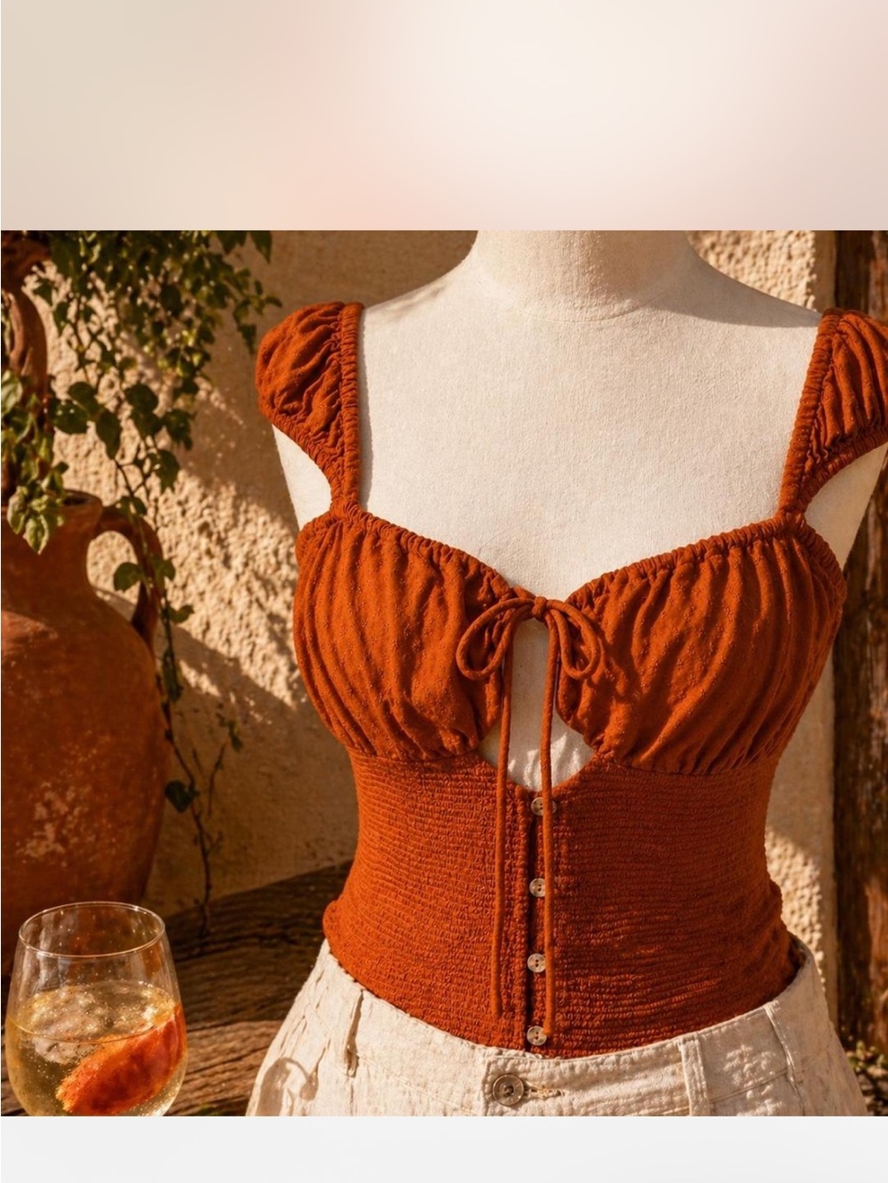 Urban Outfitters Rust Tie-Front Smocked Crop Top